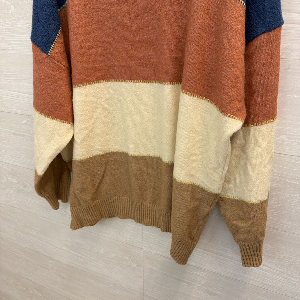 H Halston Blue/ Multi Color Block Stripe Gold Thread Sweater Extra Large