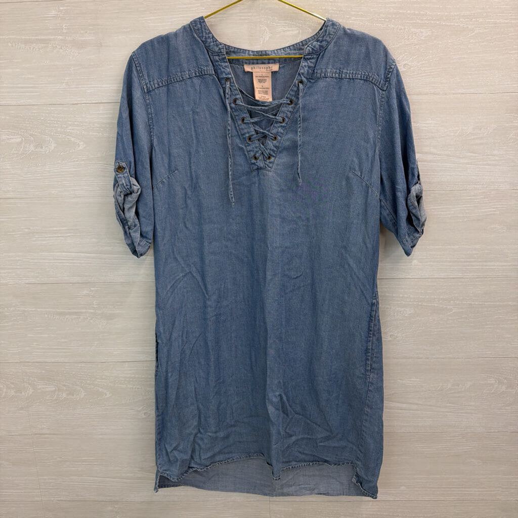 Philosophy Blue Chambray Lace Up Neck Dress Large