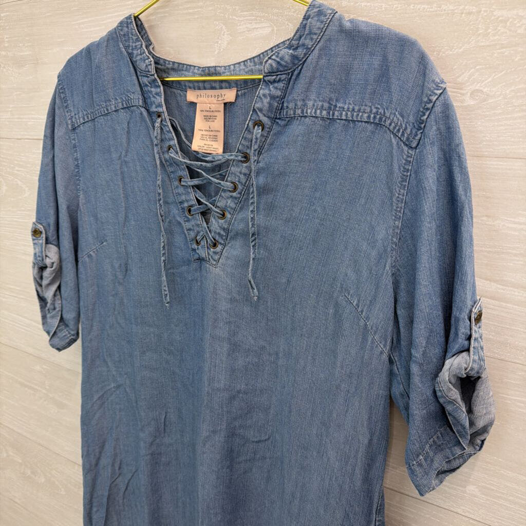 Philosophy Blue Chambray Lace Up Neck Dress Large
