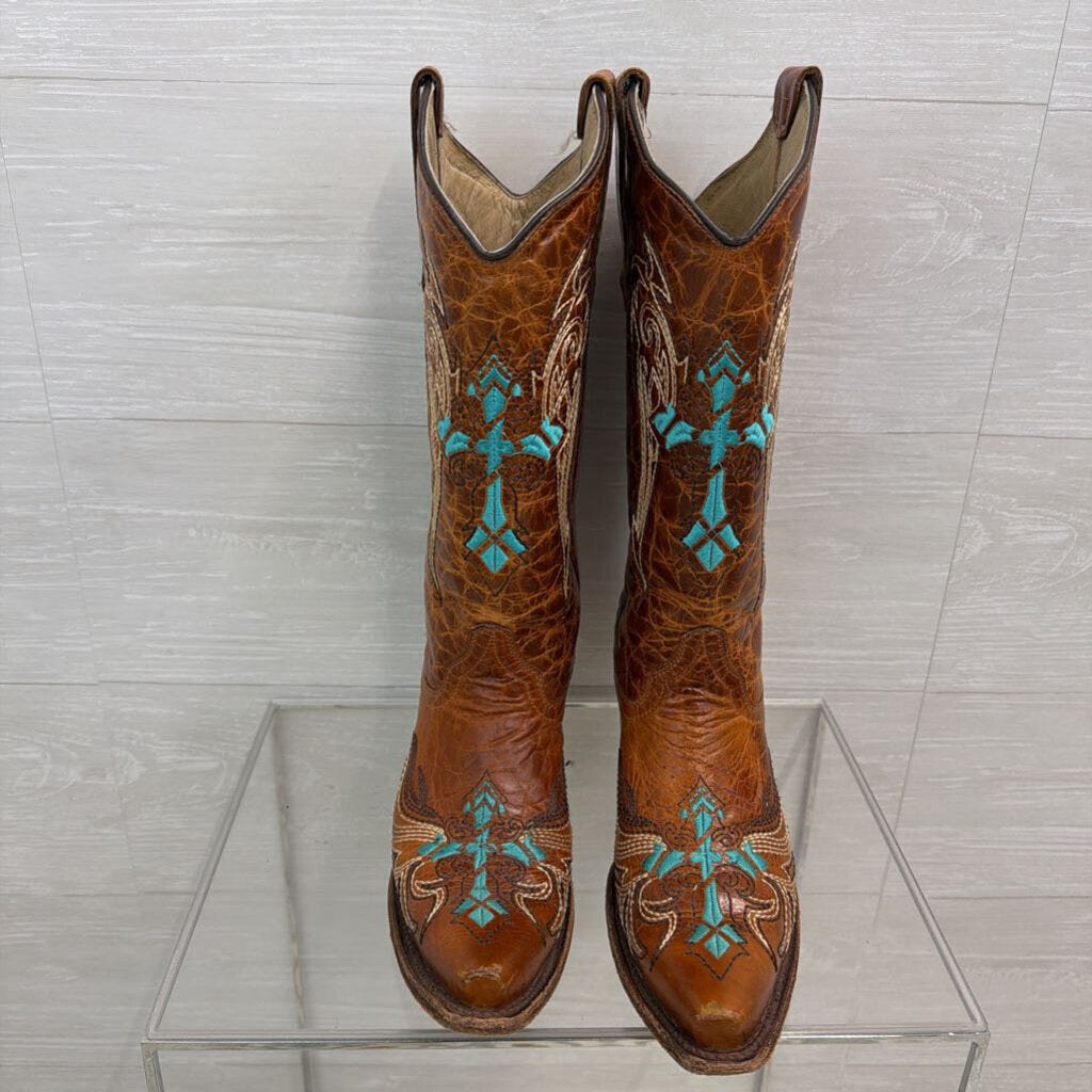 Circle G Brown Leather Turquoise Embroidered Western Boots 8