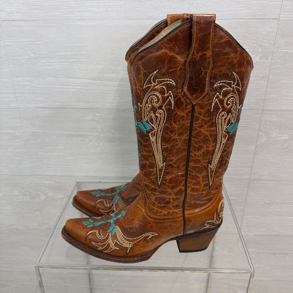 Circle G Brown Leather Turquoise Embroidered Western Boots 8