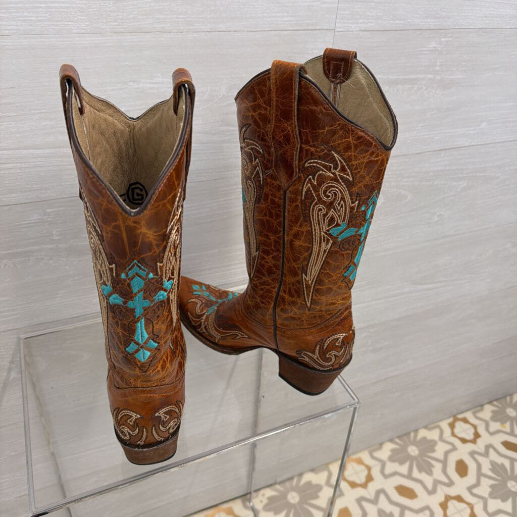 Circle G Brown Leather Turquoise Embroidered Western Boots 8
