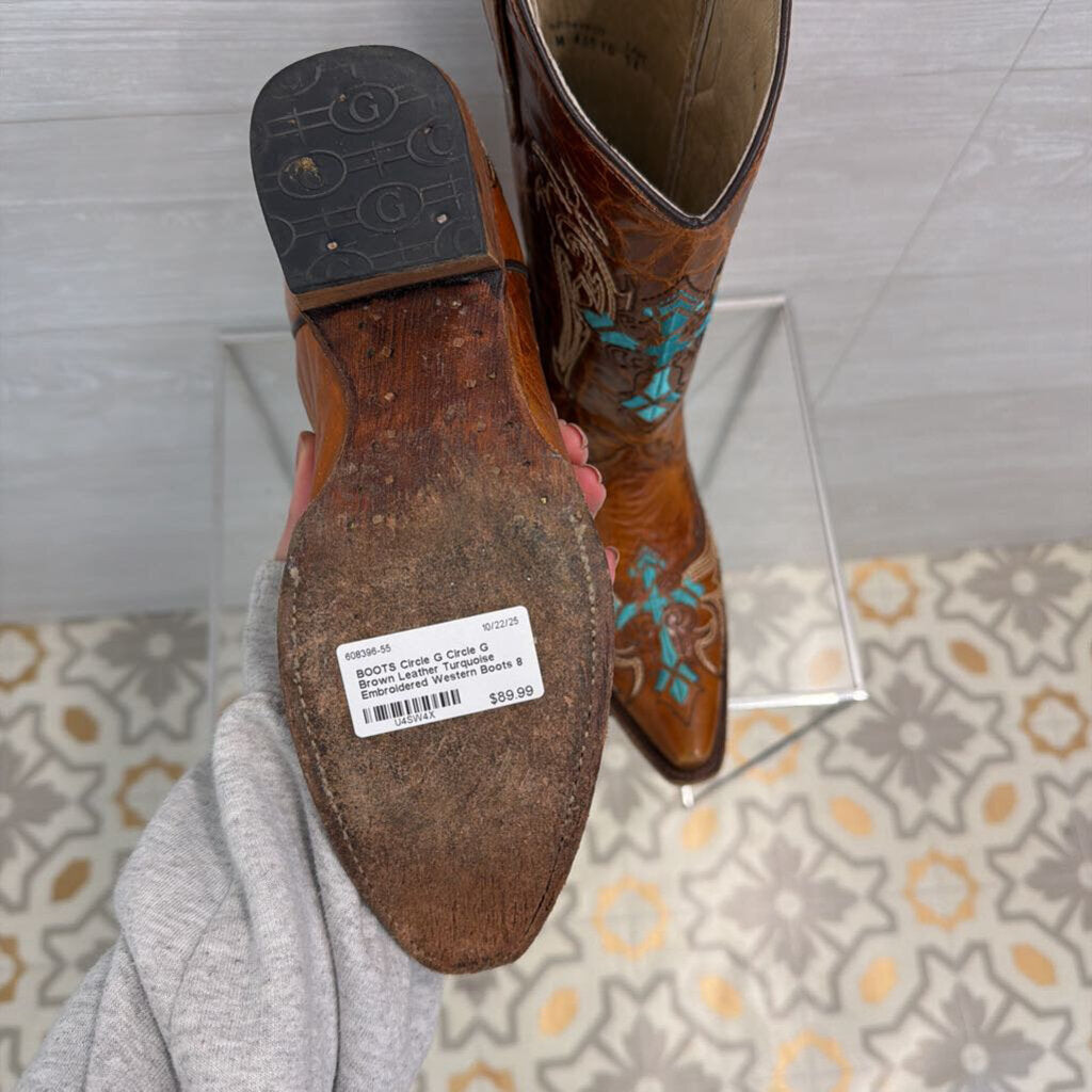 Circle G Brown Leather Turquoise Embroidered Western Boots 8