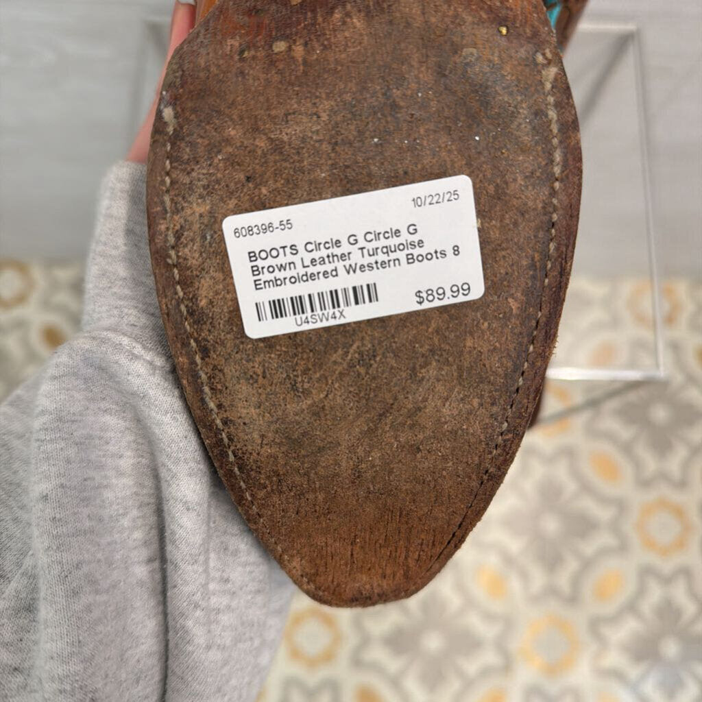Circle G Brown Leather Turquoise Embroidered Western Boots 8