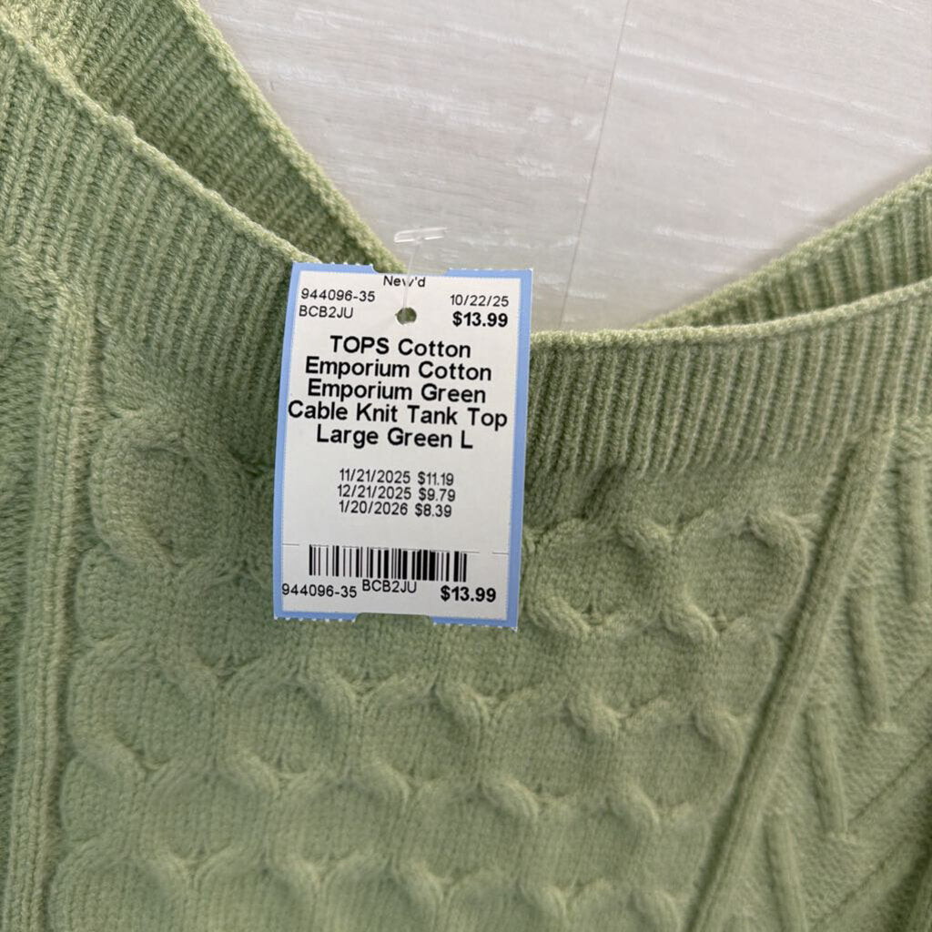 Cotton Emporium Green Cable Knit Tank Top Large