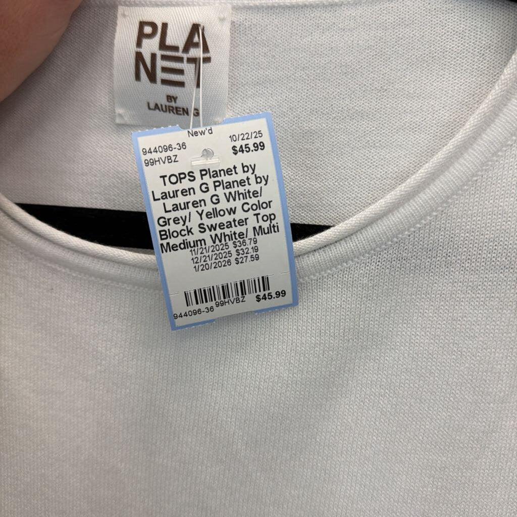 Planet by Lauren G White/ Grey/ Yellow Color Block Sweater Top Medium