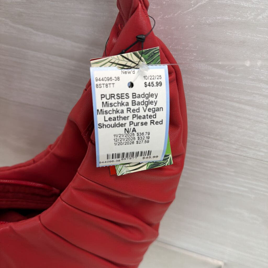Badgley Mischka Red Vegan Leather Pleated Shoulder Purse