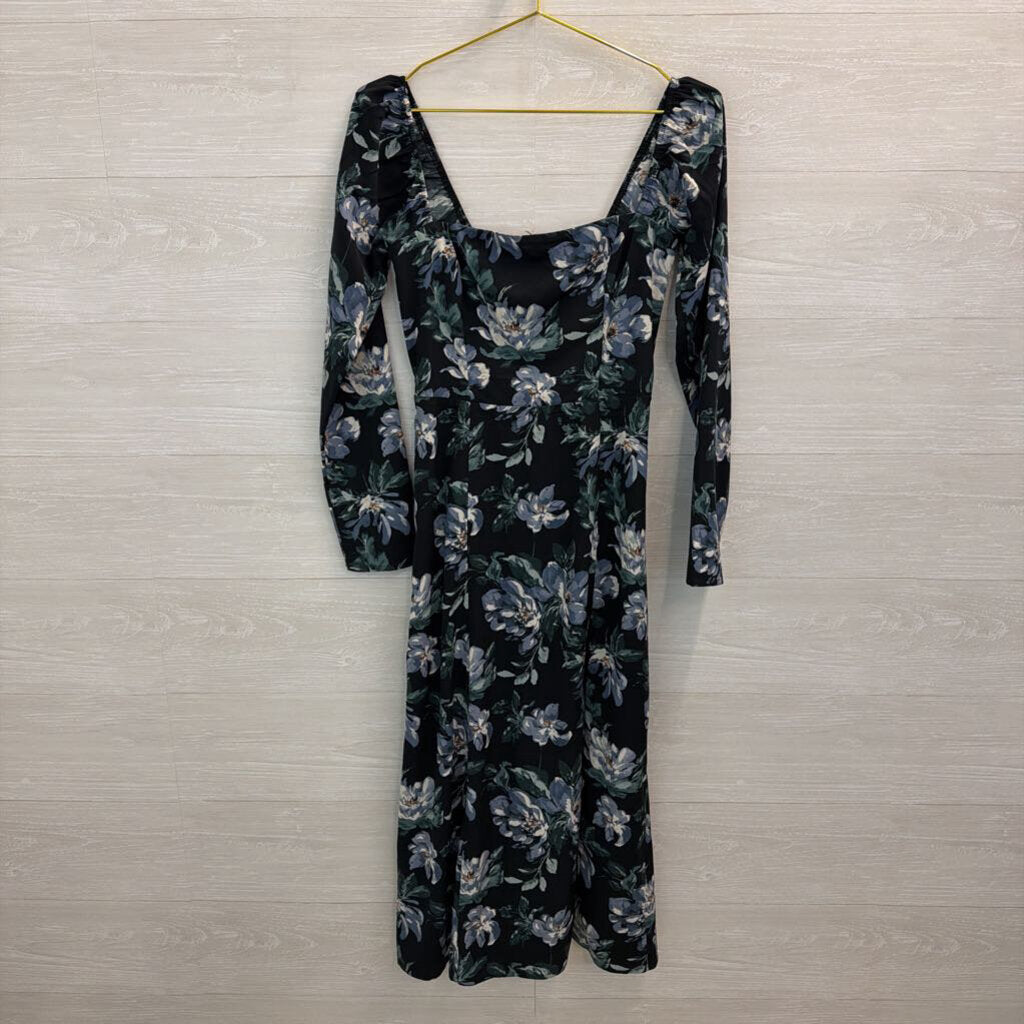 Abercrombie and Fitch Black/ Blue Flower Print Long Sleeve Midi Dress Small
