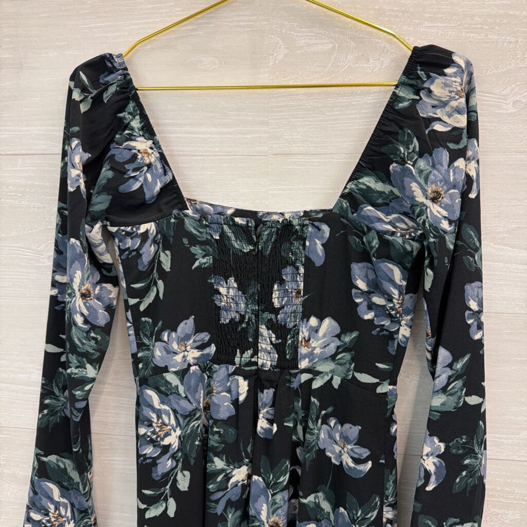 Abercrombie and Fitch Black/ Blue Flower Print Long Sleeve Midi Dress Small
