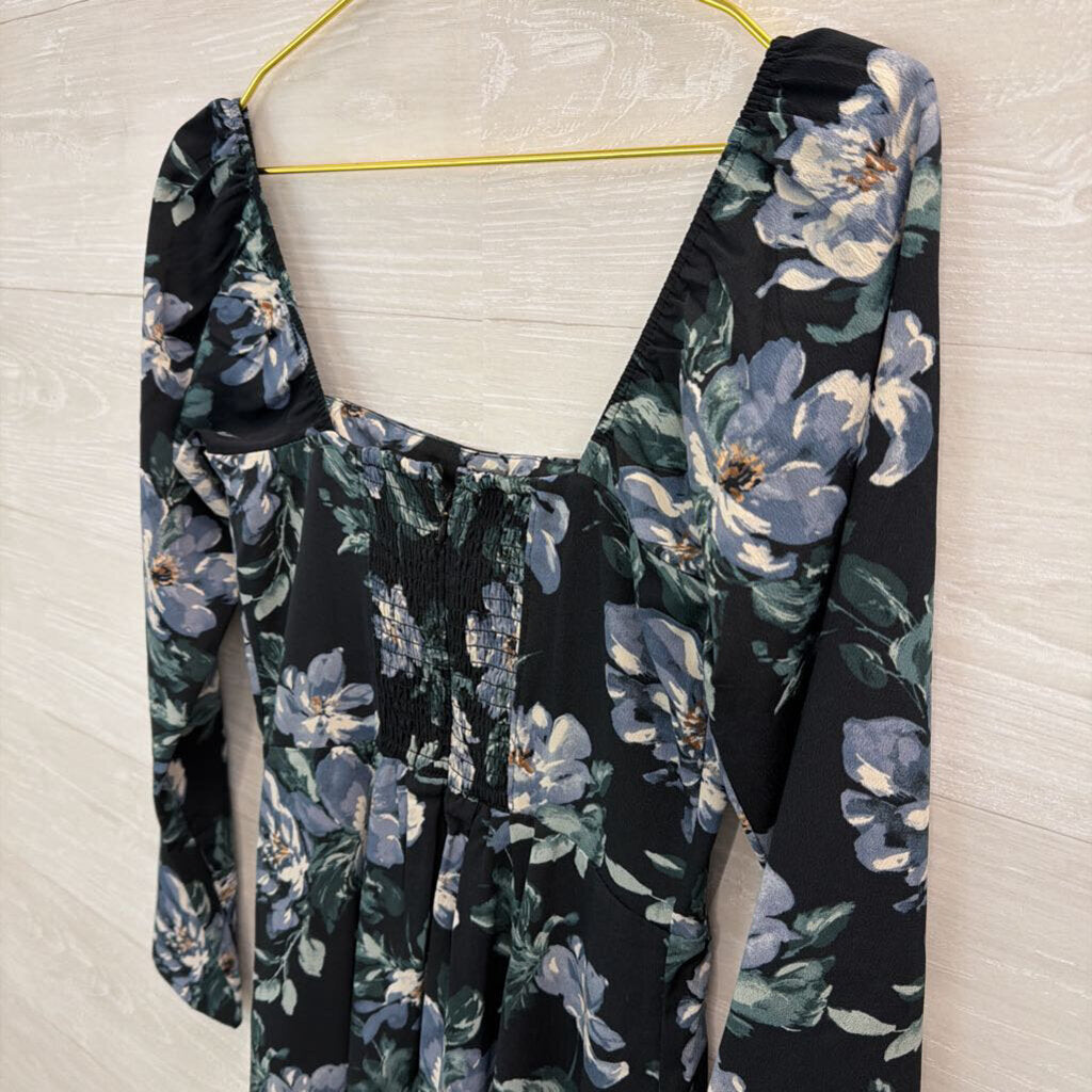 Abercrombie and Fitch Black/ Blue Flower Print Long Sleeve Midi Dress Small