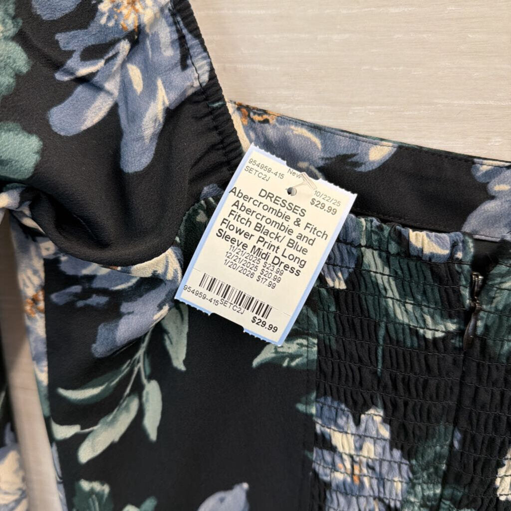 Abercrombie and Fitch Black/ Blue Flower Print Long Sleeve Midi Dress Small
