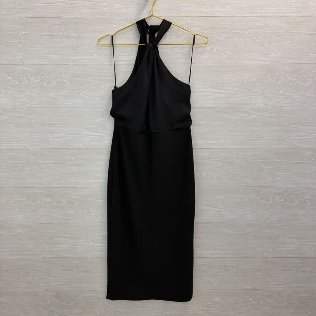 Express Black Silky High Neck Midi Dress