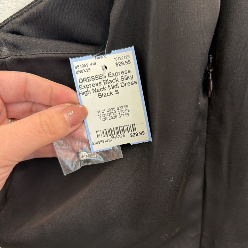 Express Black Silky High Neck Midi Dress