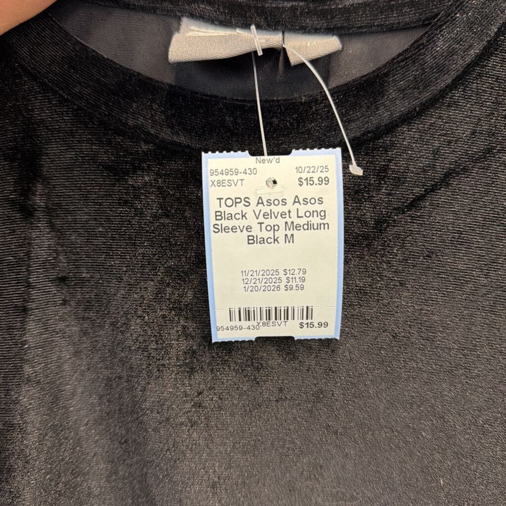 Asos Black Velvet Long Sleeve Top Medium