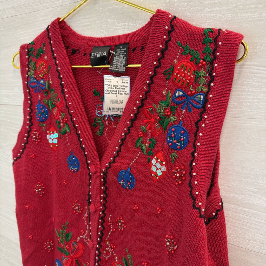 Vintage Erika Red Knit Christmas Sweater Vest Small