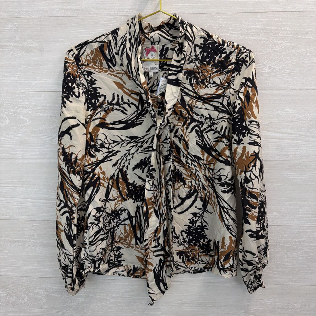 Yoana Baraschi Cream/ Black/ Brown Print Silky Long Sleeve Top Small