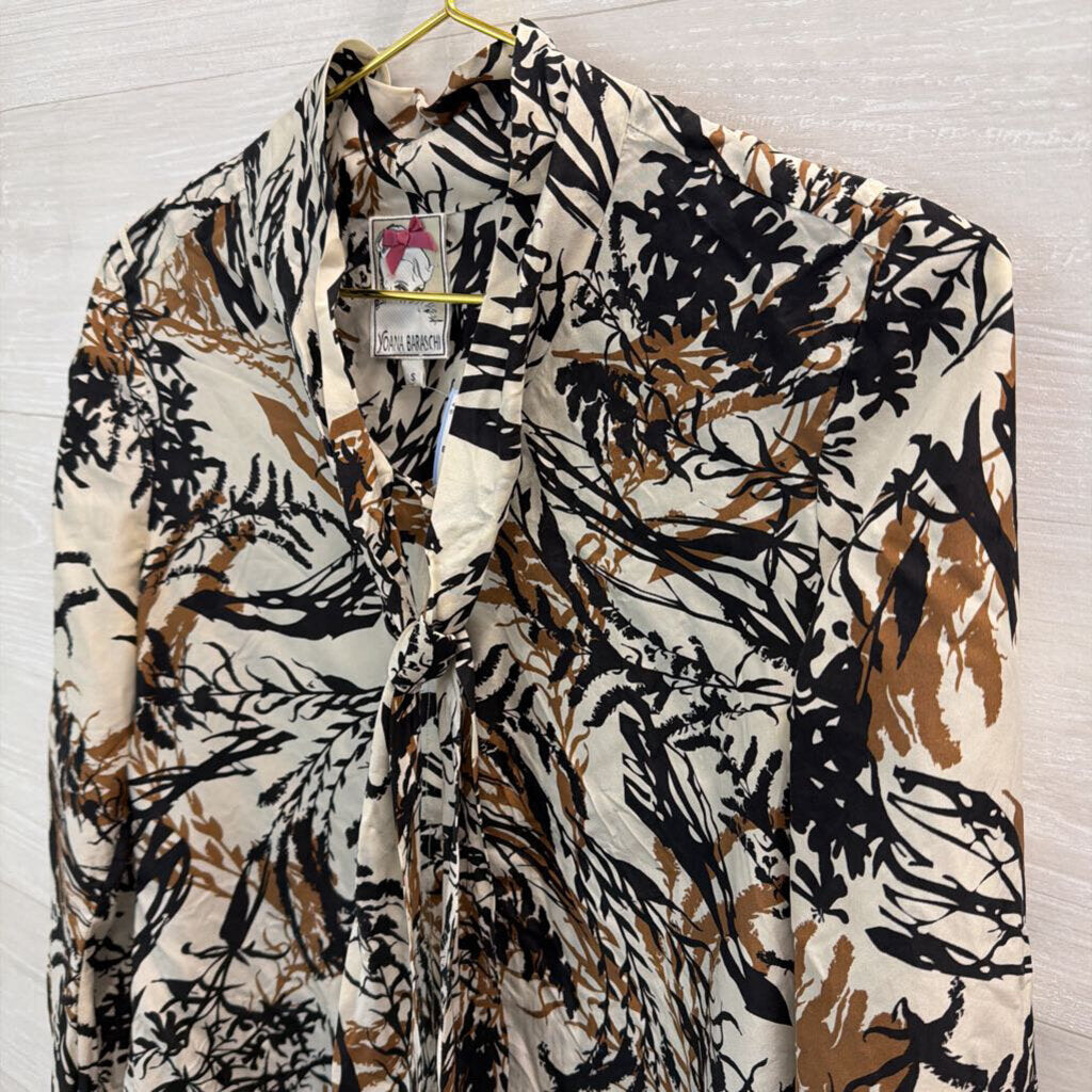 Yoana Baraschi Cream/ Black/ Brown Print Silky Long Sleeve Top Small