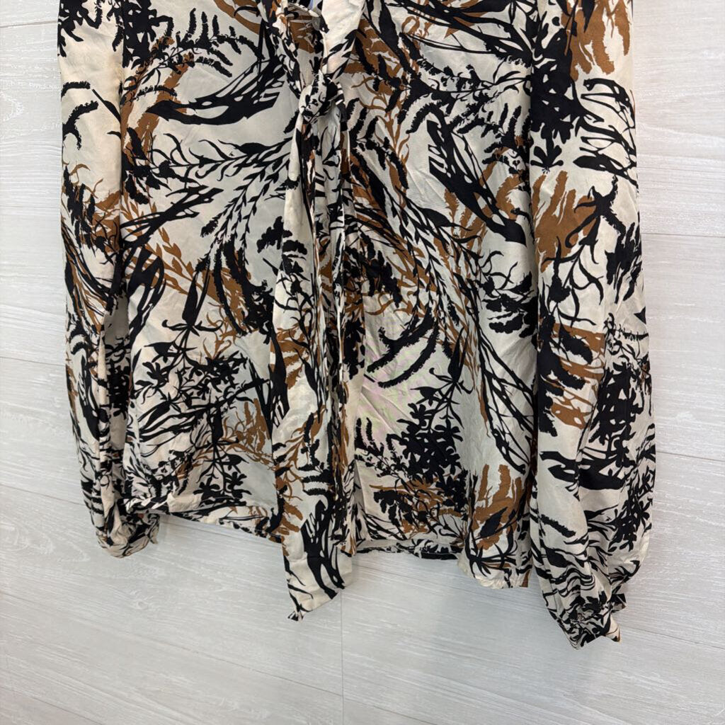 Yoana Baraschi Cream/ Black/ Brown Print Silky Long Sleeve Top Small