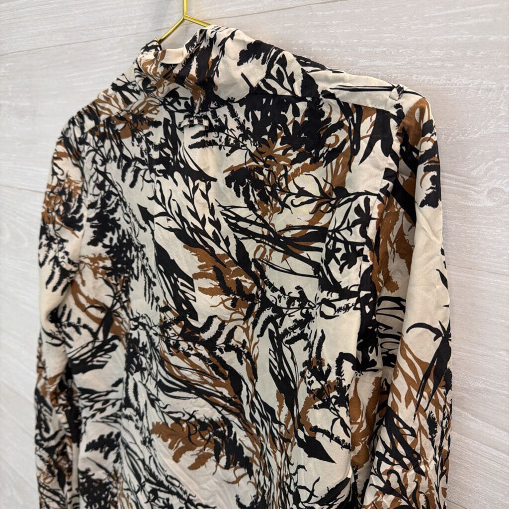 Yoana Baraschi Cream/ Black/ Brown Print Silky Long Sleeve Top Small