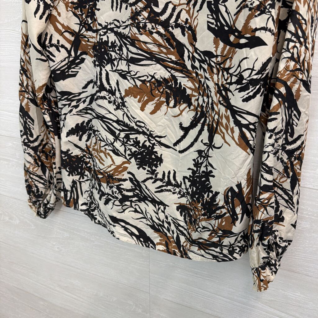 Yoana Baraschi Cream/ Black/ Brown Print Silky Long Sleeve Top Small