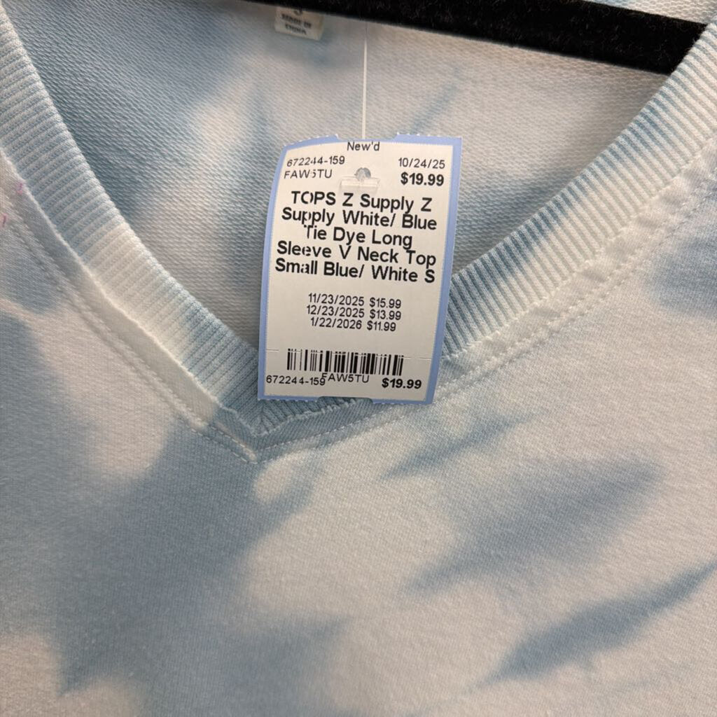 Z Supply White/ Blue Tie Dye Long Sleeve V Neck Top Small