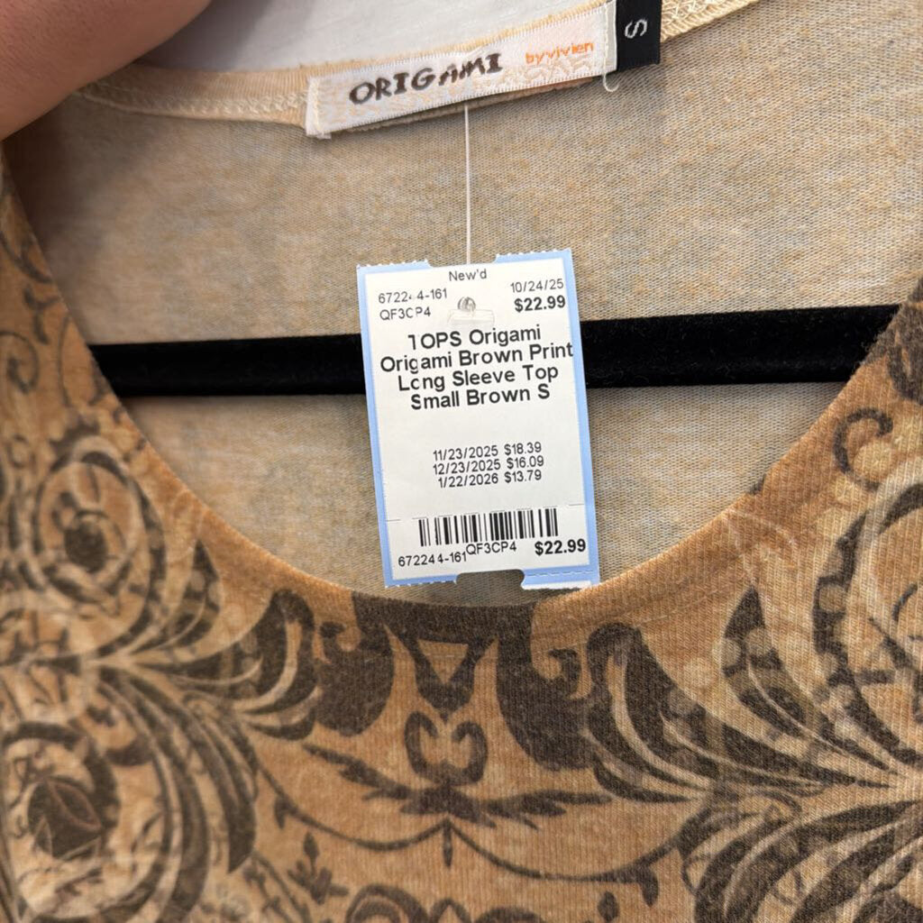 Origami Brown Print Long Sleeve Top Small