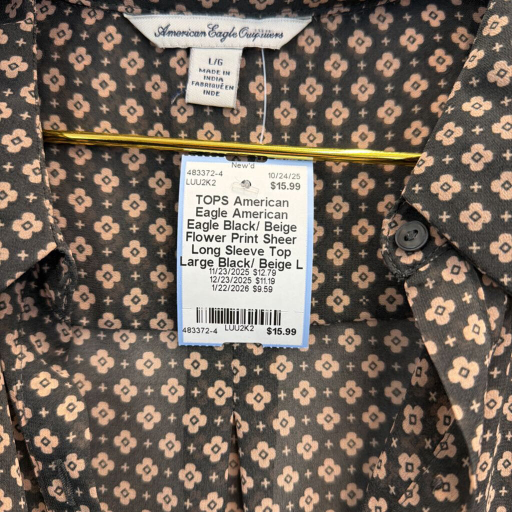 American Eagle Black/ Beige Flower Print Sheer Long Sleeve Top Large