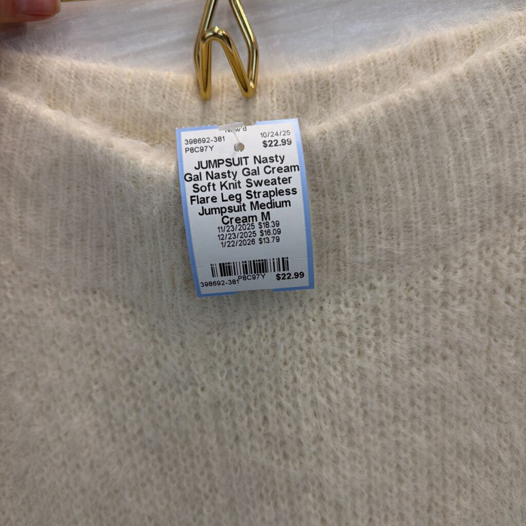 Nasty Gal Cream Soft Knit Sweater Flare Leg Strapless Jumpsuit Medium