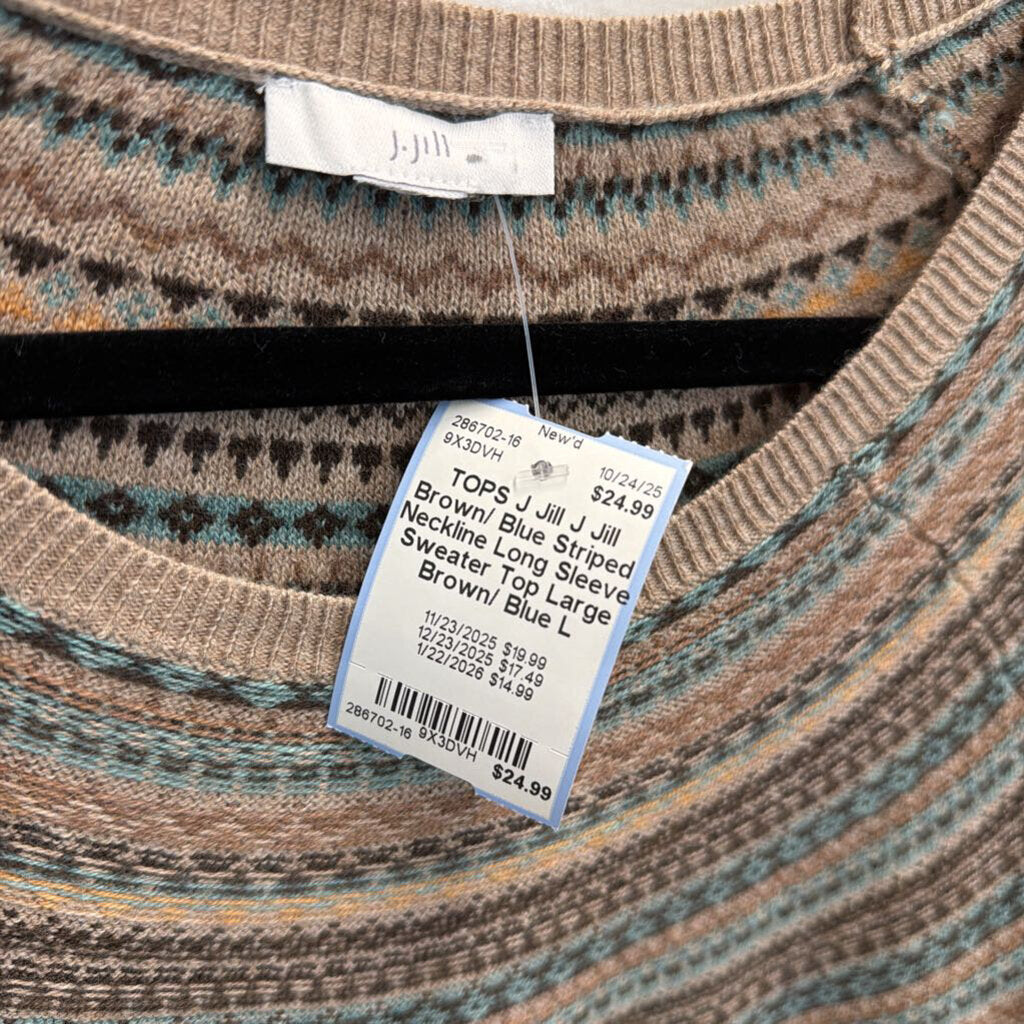 J Jill Brown/ Blue Striped Neckline Long Sleeve Sweater Top Large