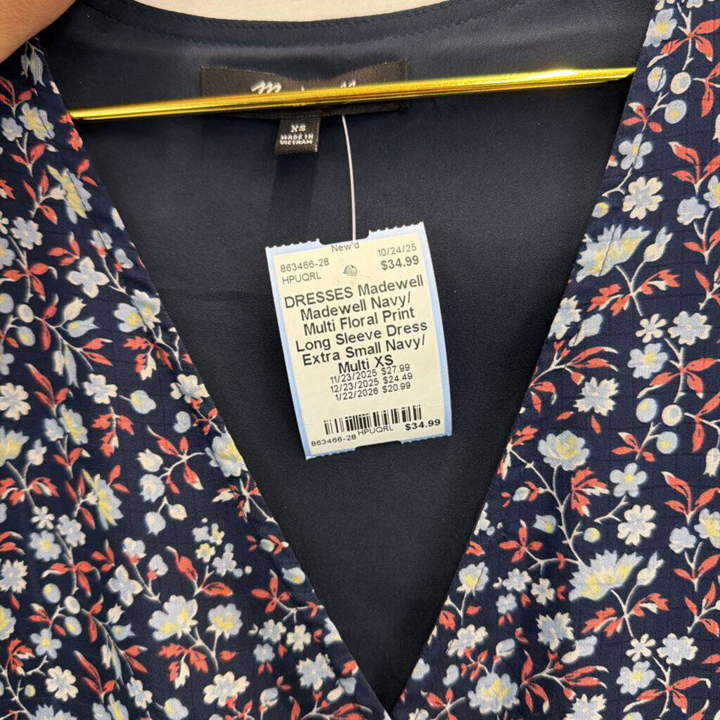 Madewell Navy/ Multi Floral Print Long Sleeve Dress Extra Small