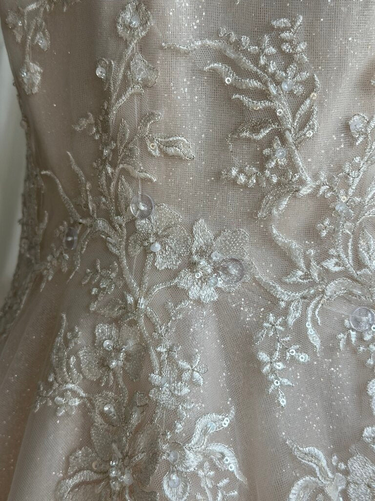 Maggie Sottero Ivory/ Pewter Embellished Lace Fit and Flare Bridal Gown 10