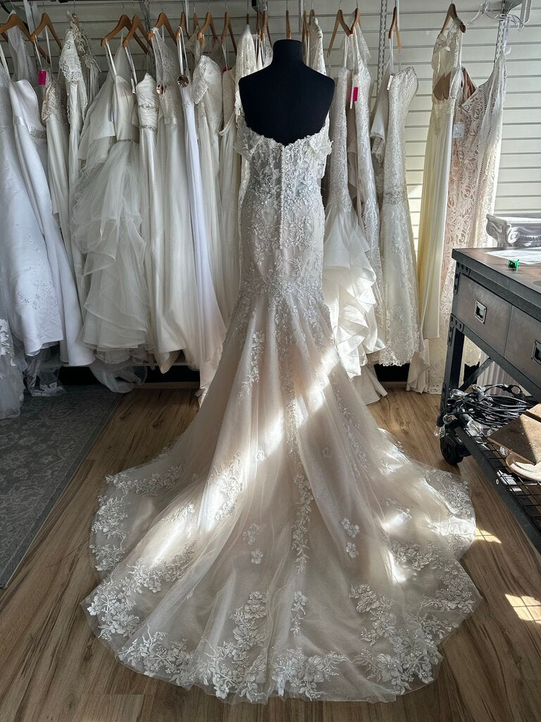 Maggie Sottero Ivory/ Pewter Embellished Lace Fit and Flare Bridal Gown 10