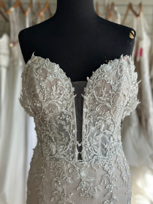 Maggie Sottero Ivory/ Pewter Embellished Lace Fit and Flare Bridal Gown 10