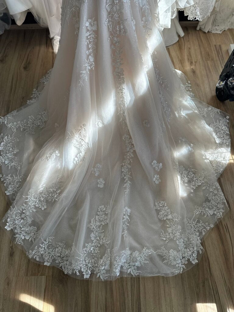 Maggie Sottero Ivory/ Pewter Embellished Lace Fit and Flare Bridal Gown 10