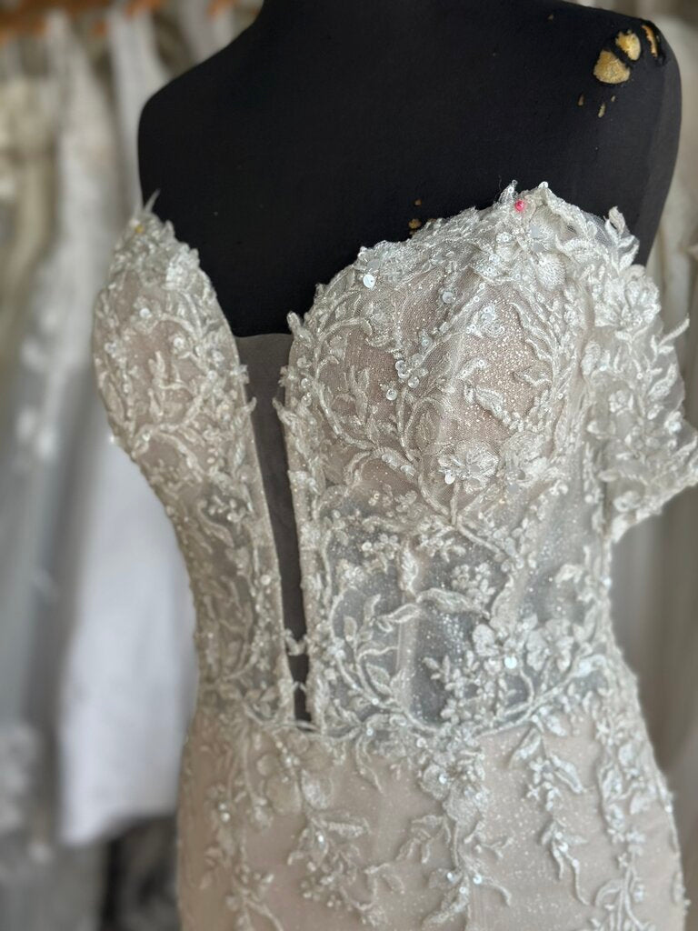 Maggie Sottero Ivory/ Pewter Embellished Lace Fit and Flare Bridal Gown 10
