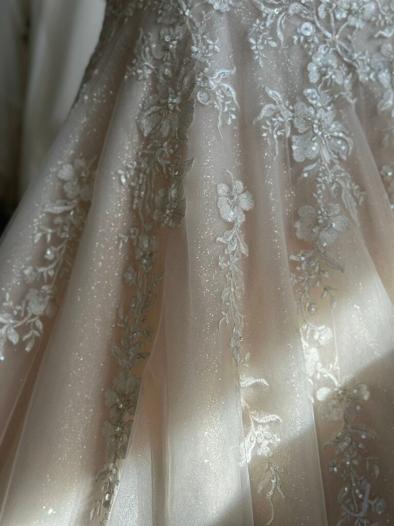 Maggie Sottero Ivory/ Pewter Embellished Lace Fit and Flare Bridal Gown 10
