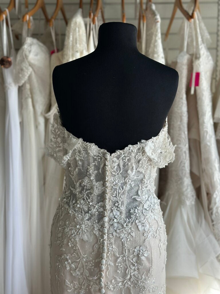 Maggie Sottero Ivory/ Pewter Embellished Lace Fit and Flare Bridal Gown 10