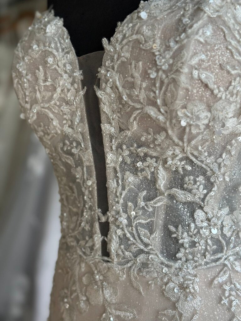 Maggie Sottero Ivory/ Pewter Embellished Lace Fit and Flare Bridal Gown 10
