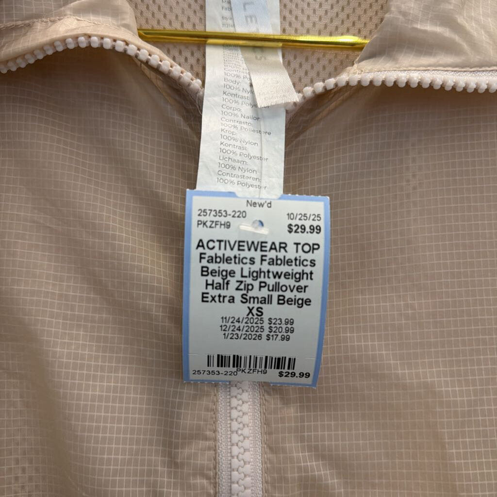 Fabletics Beige Lightweight Half Zip Pullover Extra Small