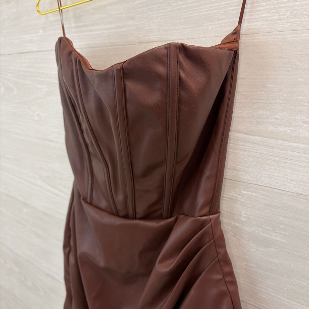 Brown Leather Strapless Corset Style Mini Dress Small