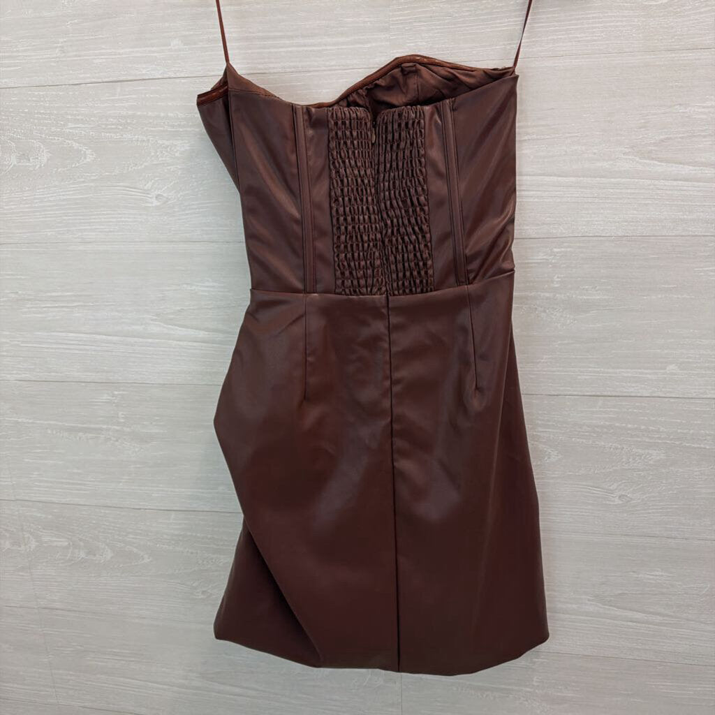 Brown Leather Strapless Corset Style Mini Dress Small