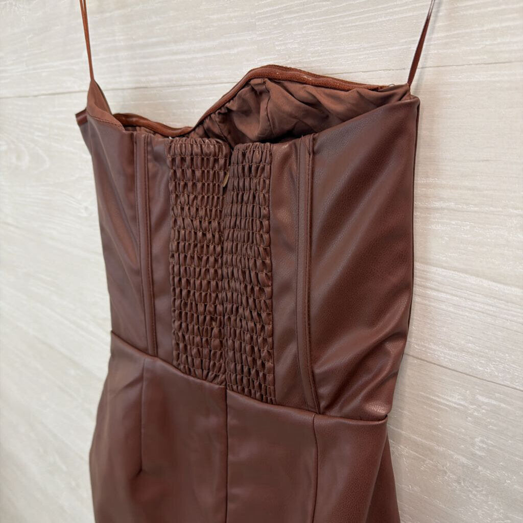Brown Leather Strapless Corset Style Mini Dress Small