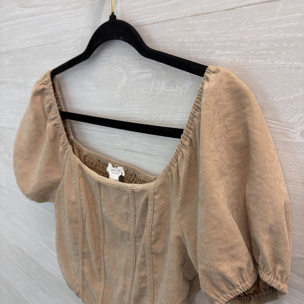 Kirious Light Brown Short Puff Sleeve Corset Style Cropped Top Medium