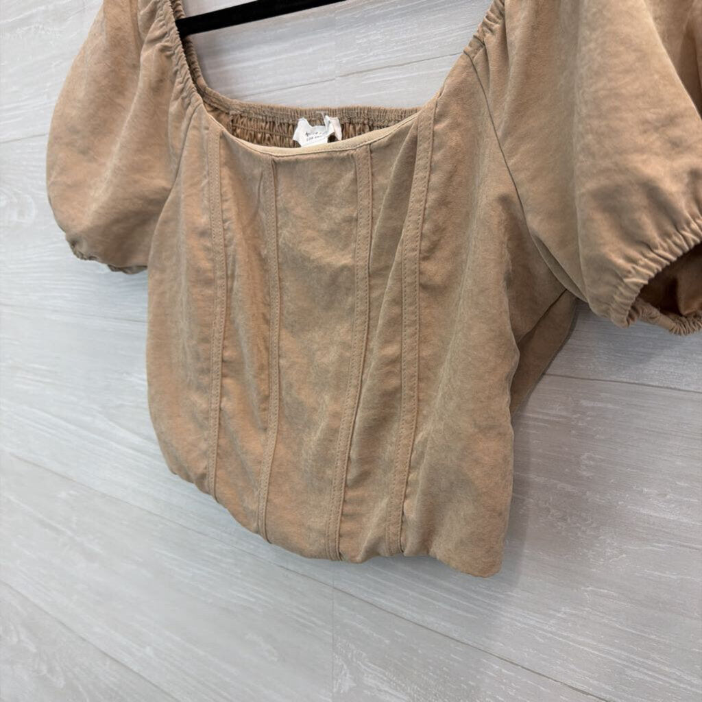 Kirious Light Brown Short Puff Sleeve Corset Style Cropped Top Medium