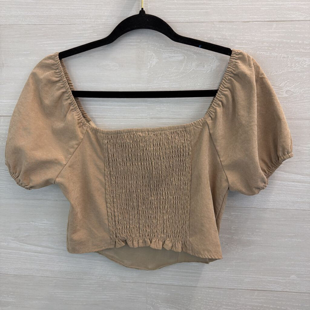 Kirious Light Brown Short Puff Sleeve Corset Style Cropped Top Medium