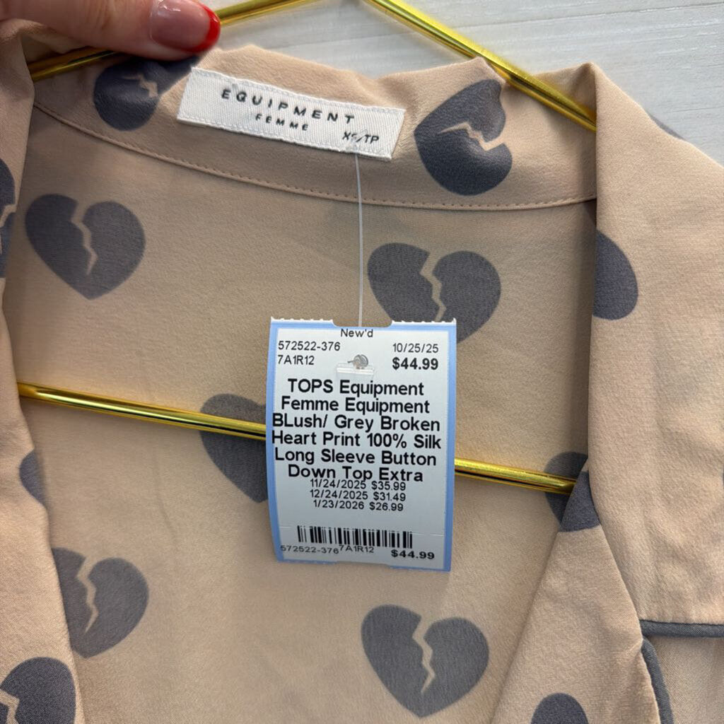 Equipment BLush/ Grey Broken Heart Print 100% Silk Long Sleeve Button Down Top Extra Small