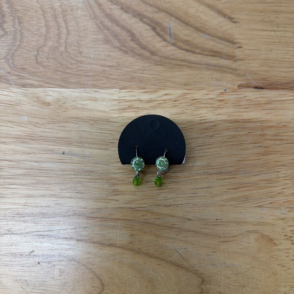 Silver/ Green Rhinestone Drop Earrings