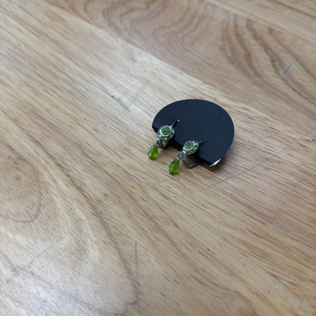 Silver/ Green Rhinestone Drop Earrings