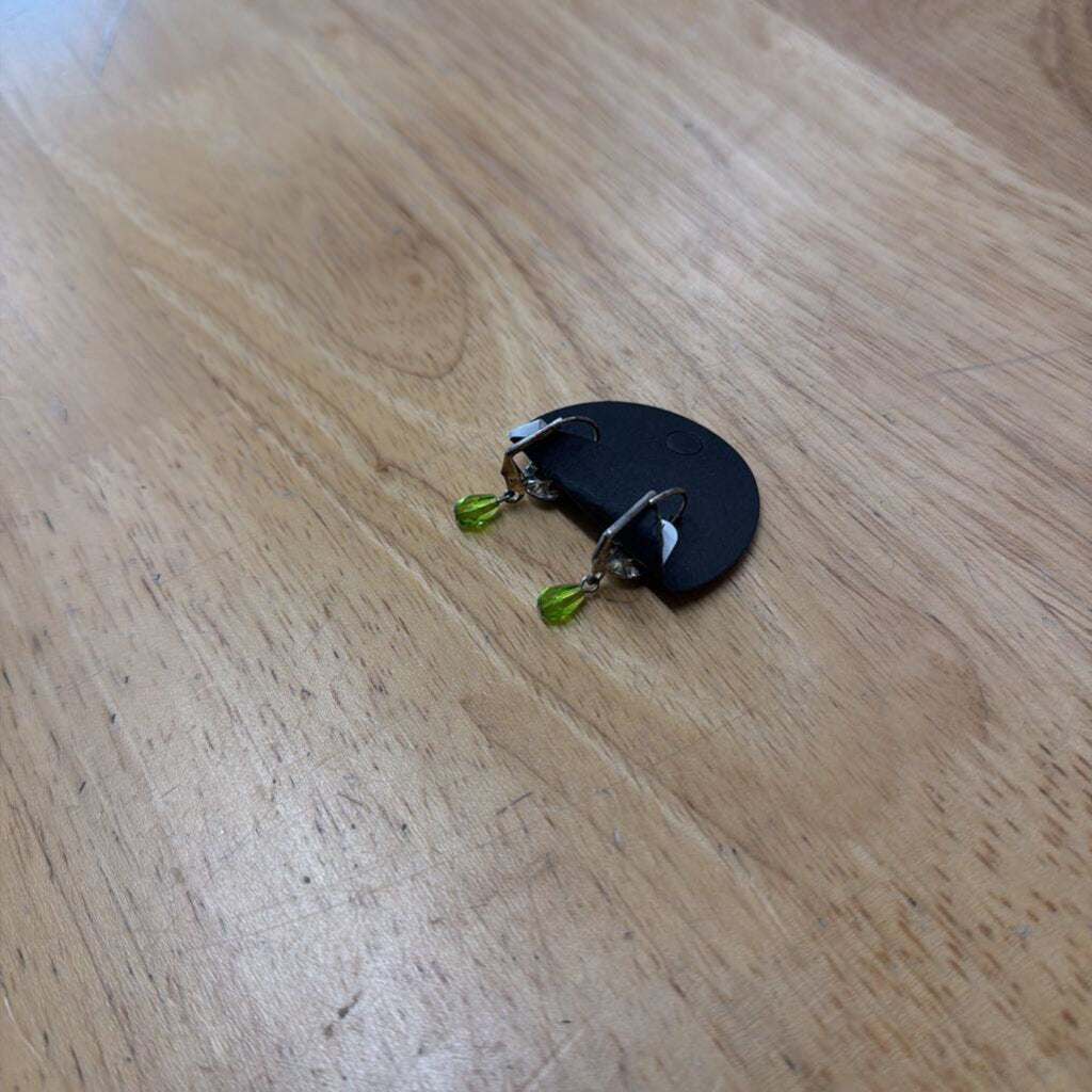 Silver/ Green Rhinestone Drop Earrings