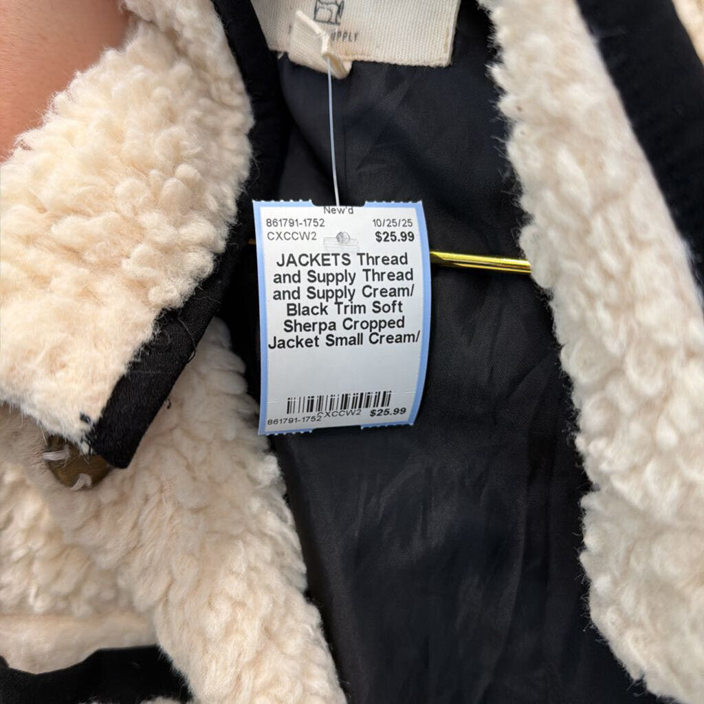 Thread and Supply Cream/ Black Trim Soft Sherpa Cropped Jacket Small